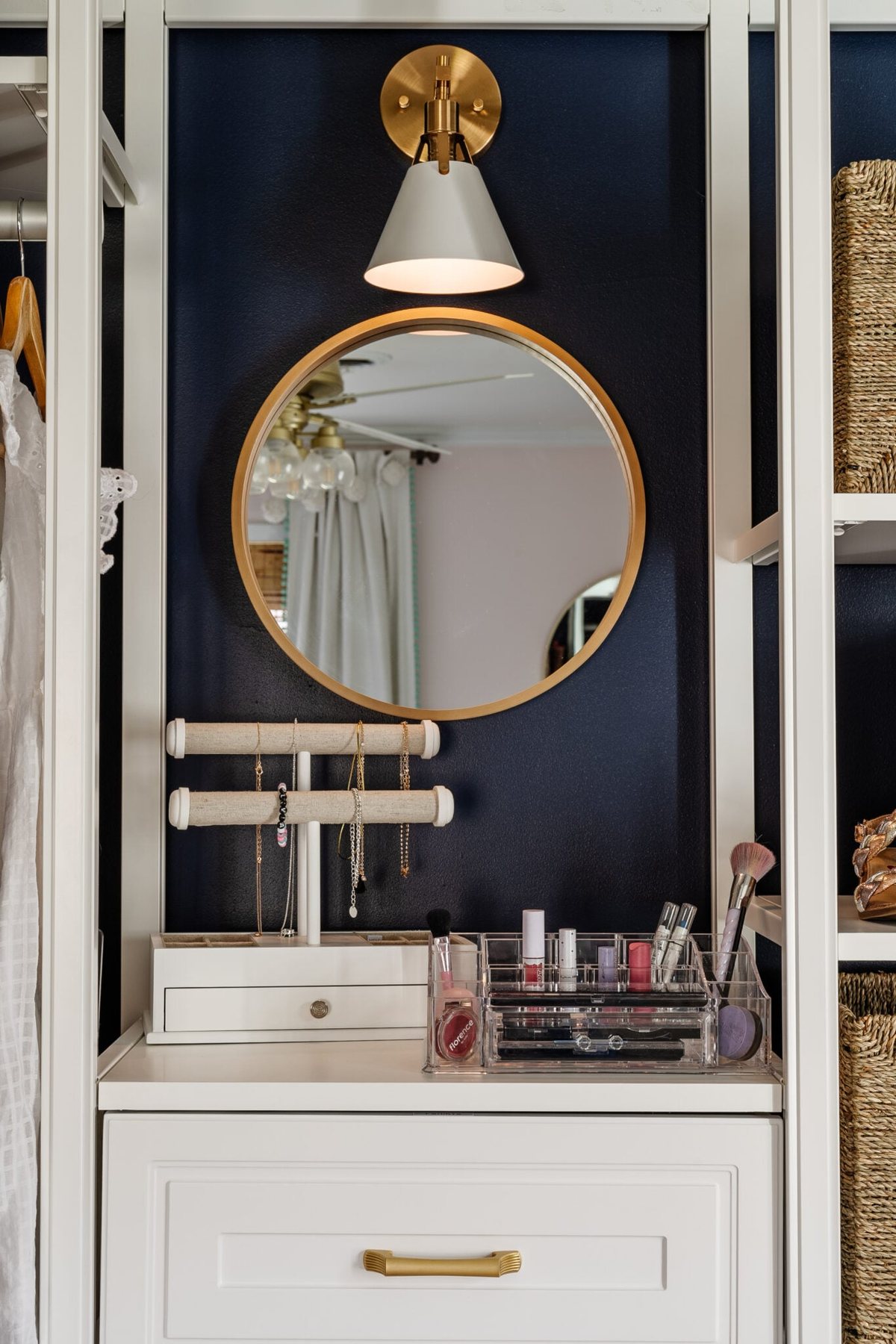 girls closet organization using a drawer stack as a makeshift vanity