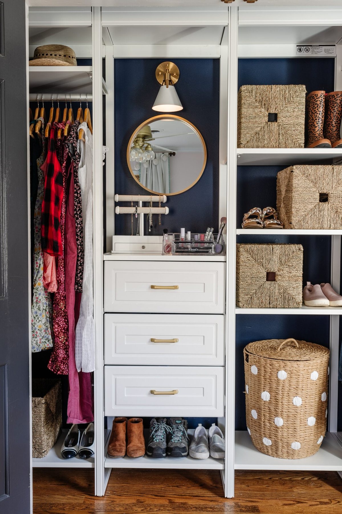 small closet idea for girls with makeup organization and clothing storage
