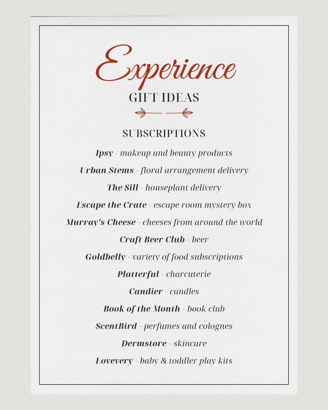 experience gift ideas - subscriptions
