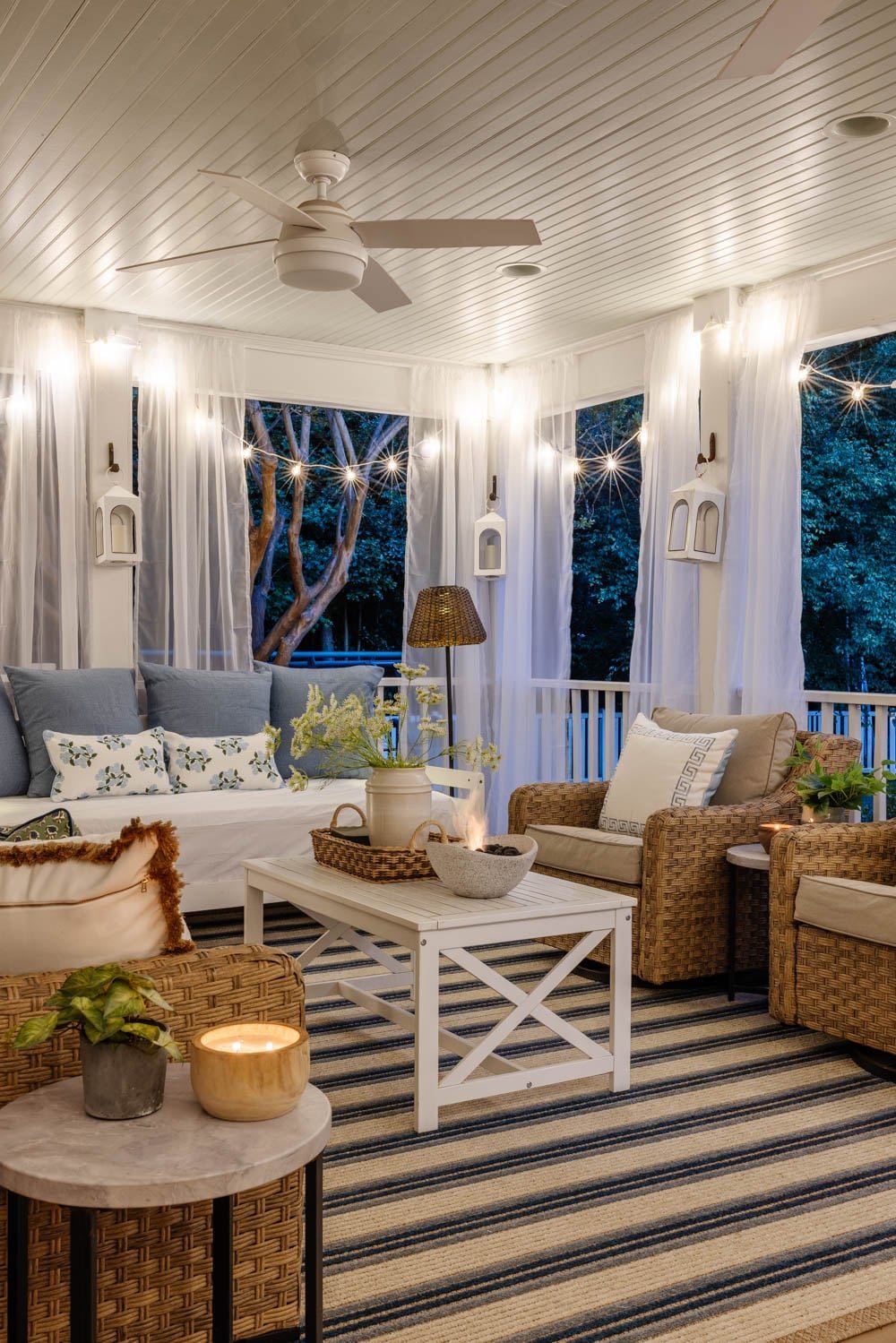 back porch living room with string lights