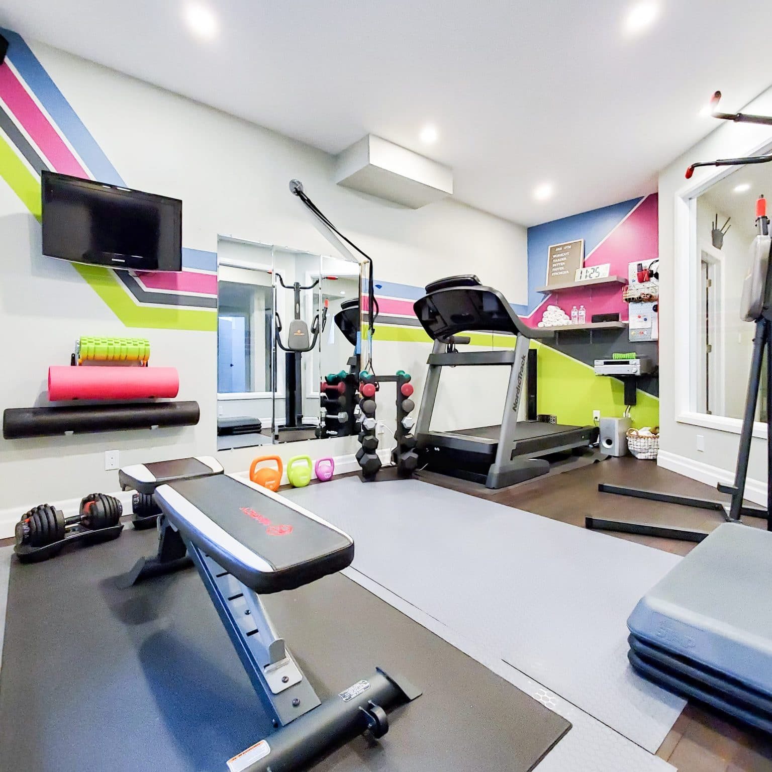 home gym with bright colored accents
