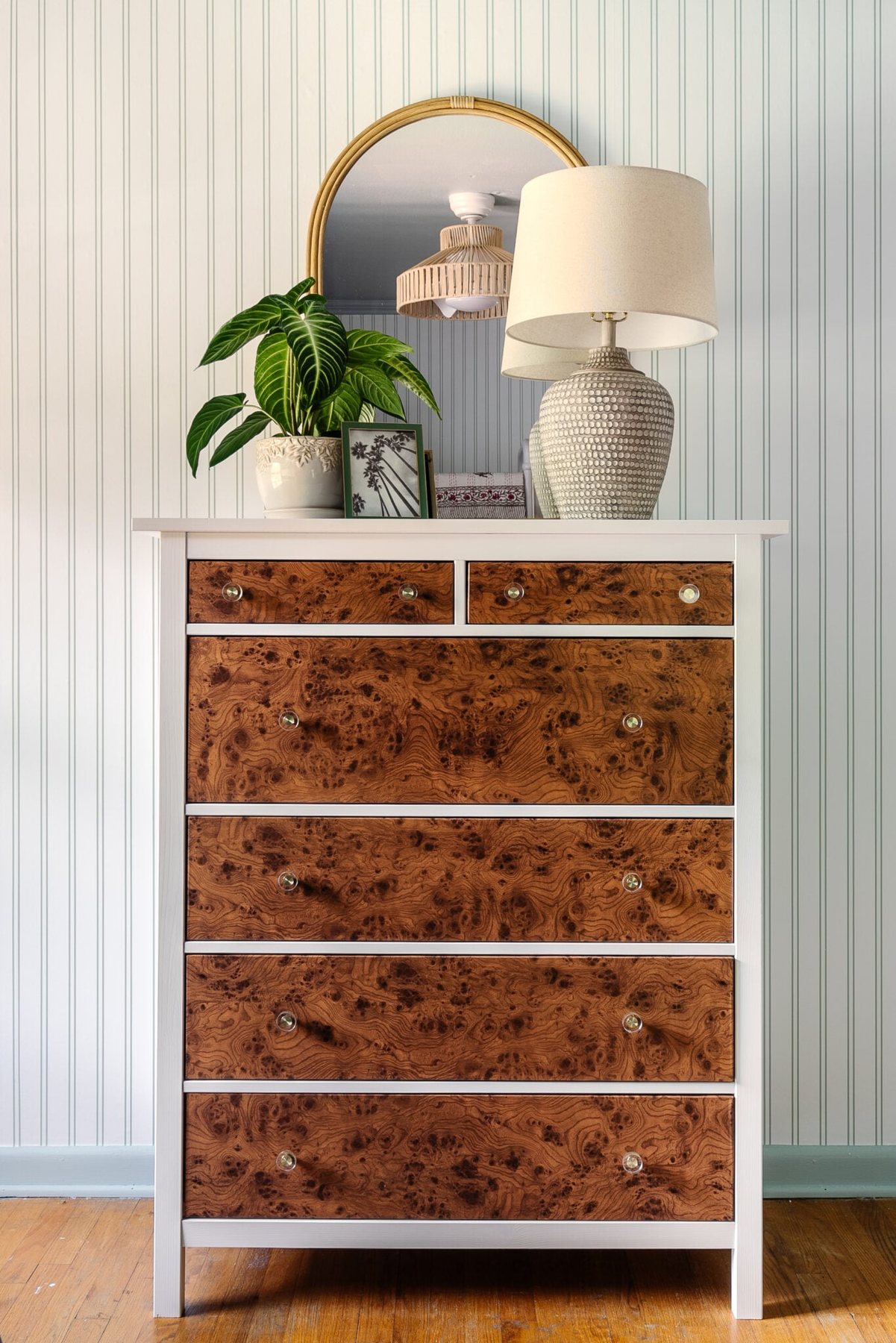 IKEA dresser hack using an IKEA HEMNES dresser and burl wood contact paper for furniture