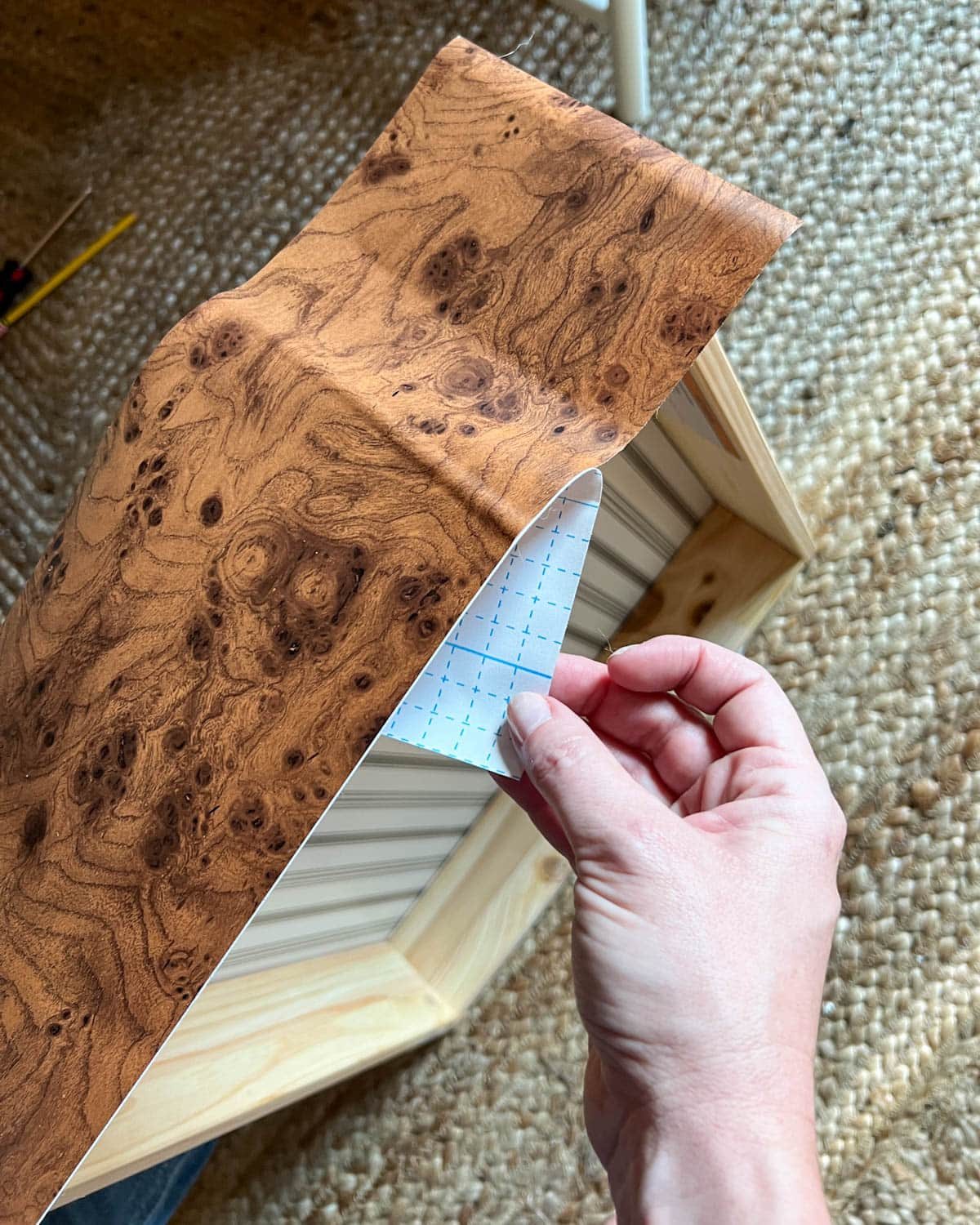 sticking burl wood contact paper to dresser drawer front