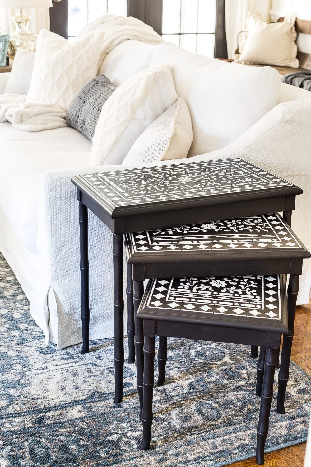 Faux Bone Inlay Nesting Tables Makeover | unigumushane.com - How to stencil furniture to look like an Indian bone inlay Anthropologie piece plus more thrift store furniture makeover ideas. #furnituremakeover #knockoff #thrift #stencil
