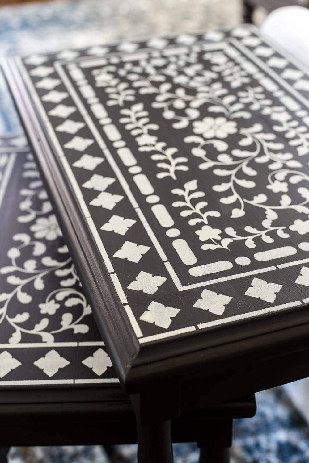 Faux Bone Inlay Nesting Tables Makeover | unigumushane.com - How to stencil furniture to look like an Indian bone inlay Anthropologie piece plus more thrift store furniture makeover ideas. #furnituremakeover #knockoff #thrift #stencil