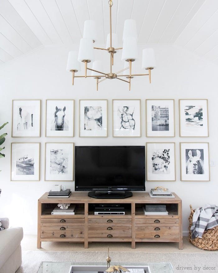 Add a grid gallery wall behind your TV