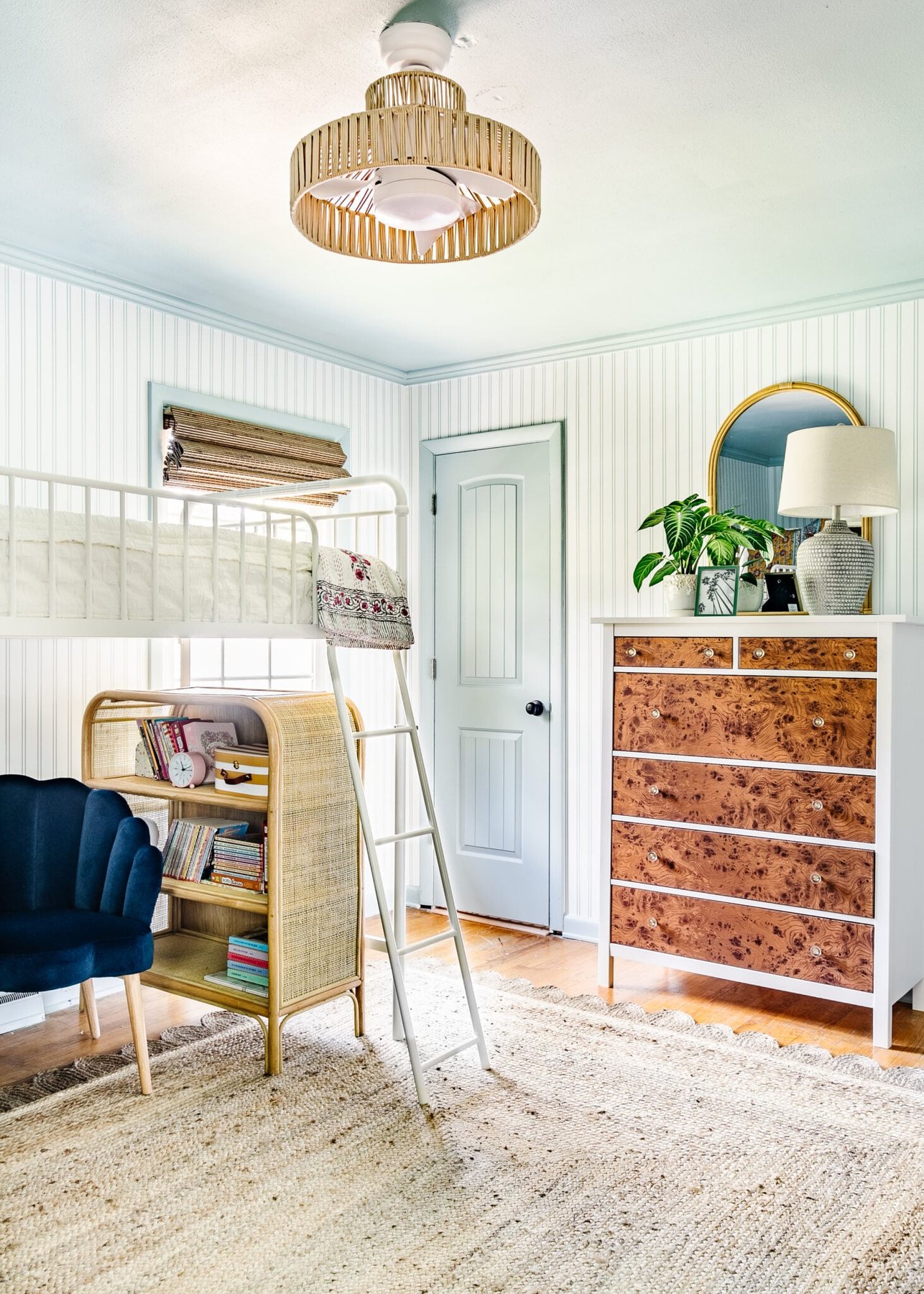 boho fandelier caged fan with jute rope in a bunk room