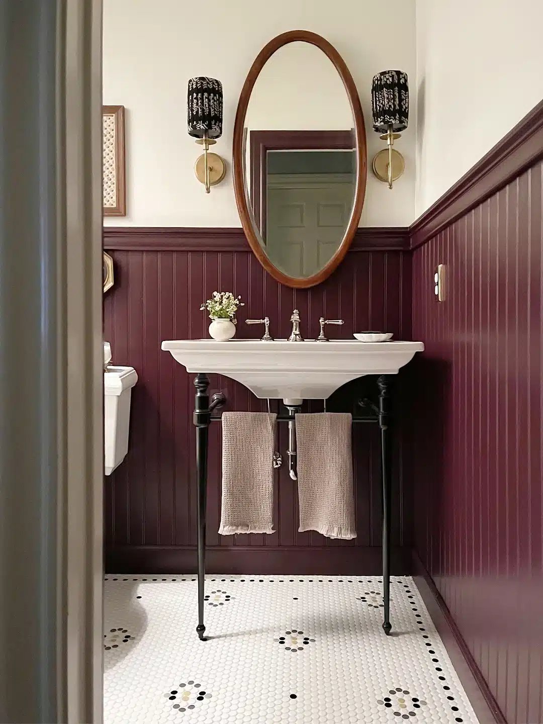 kin and kasa bathroom farrow and ball brinjal burgundy paint color