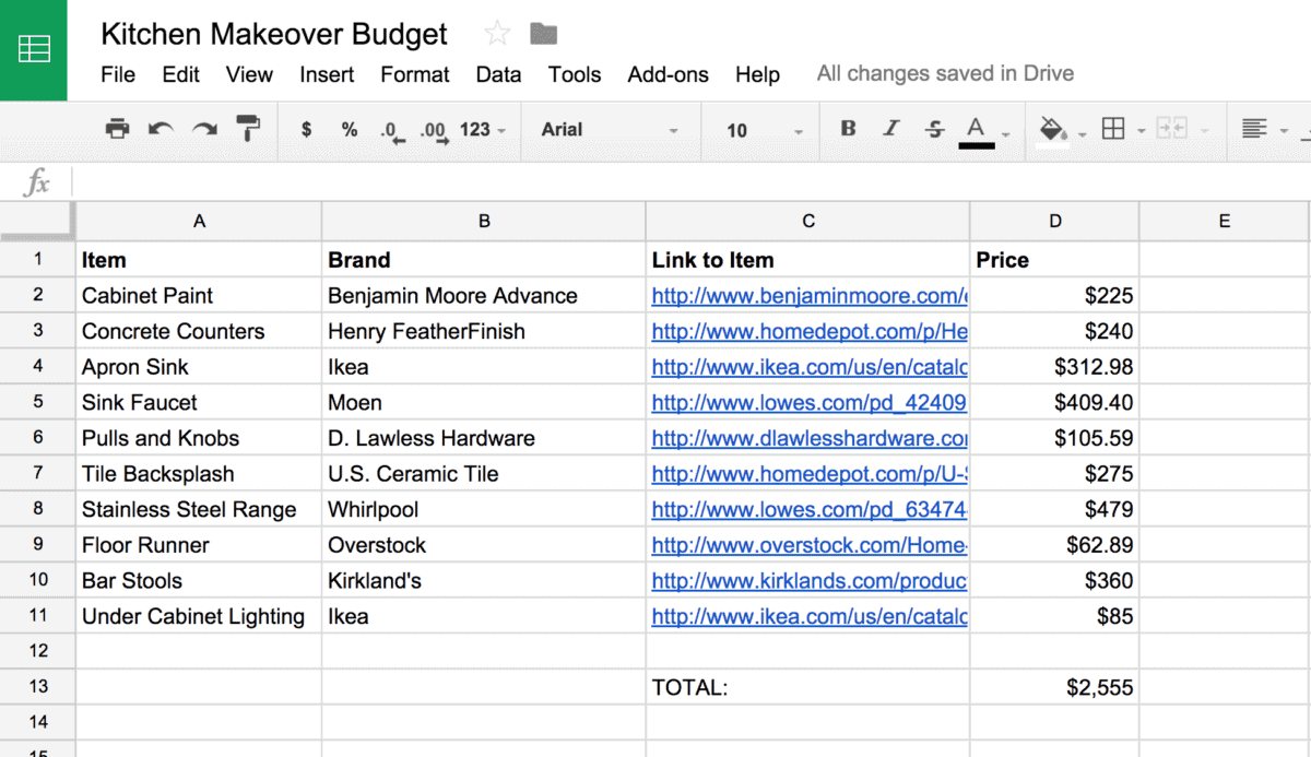 how to decorate a room by setting a budget on a spreadsheet