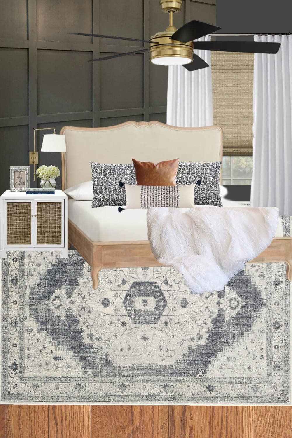 room design mood board for a modern French style master bedroom