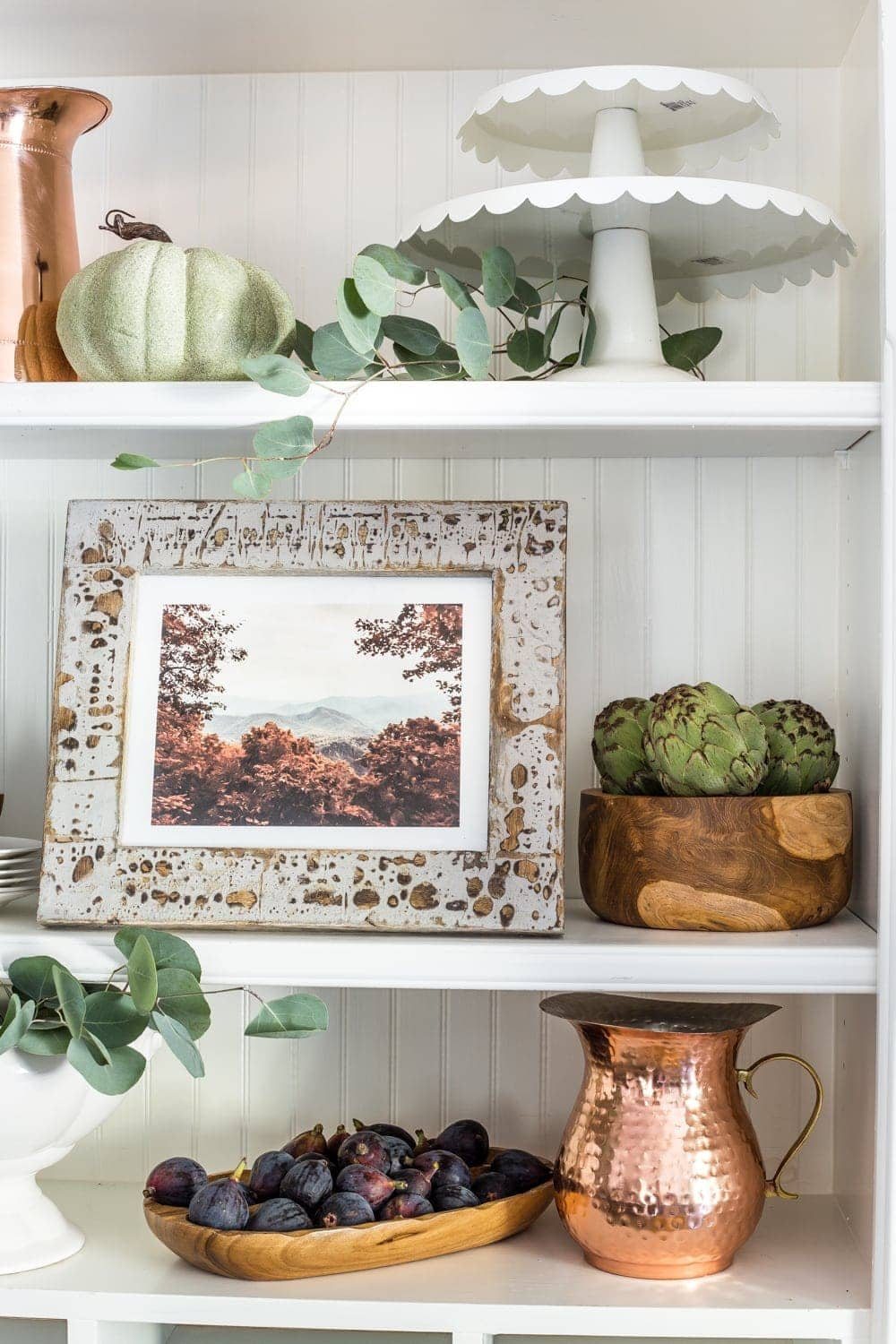 Autumn mountain landscape art printable and fall kitchen shelf vignette + more free fall printables