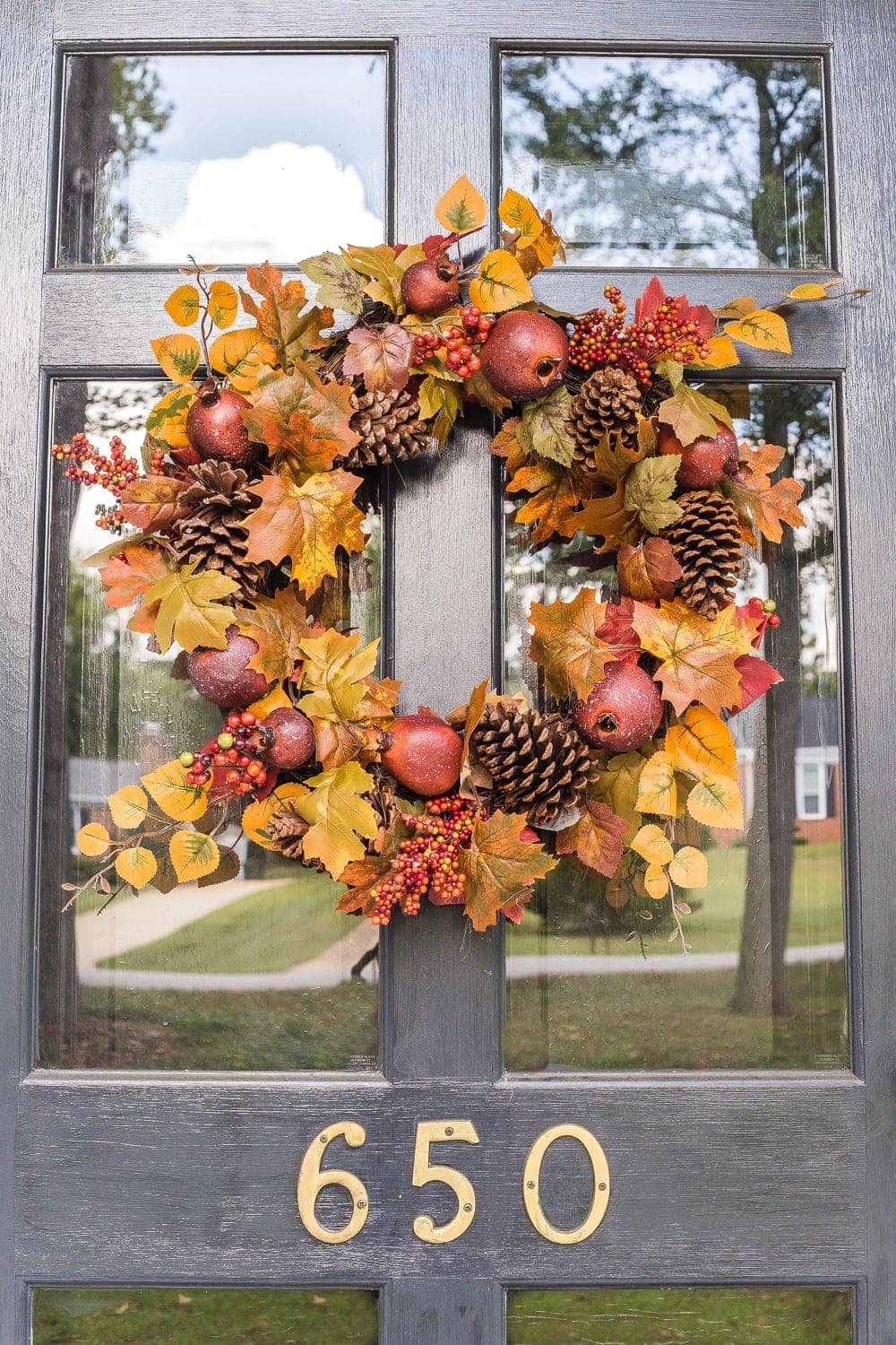 fall wreath with traditional colors in gold and rust