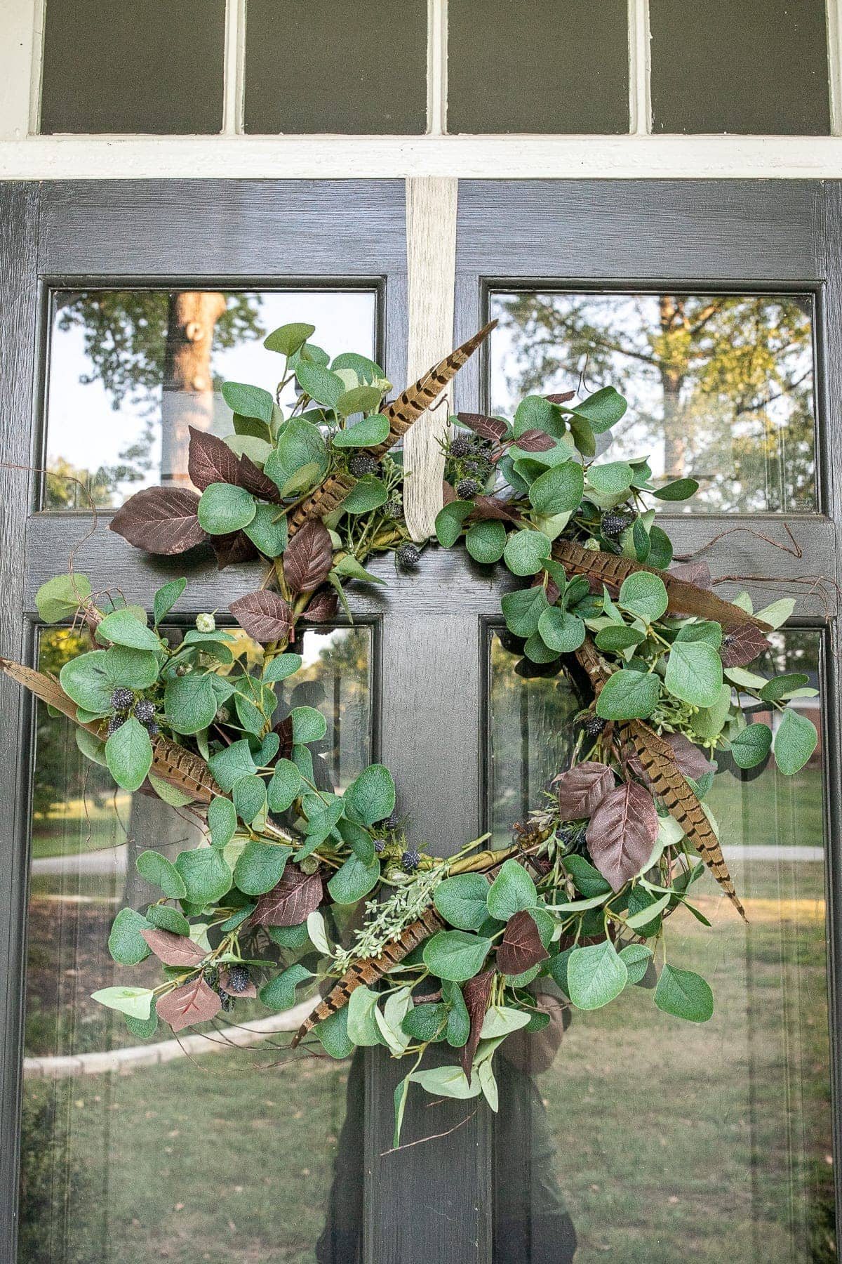 Early fall wreath with eucalyptus, blue thistle, and pheasant feathers
