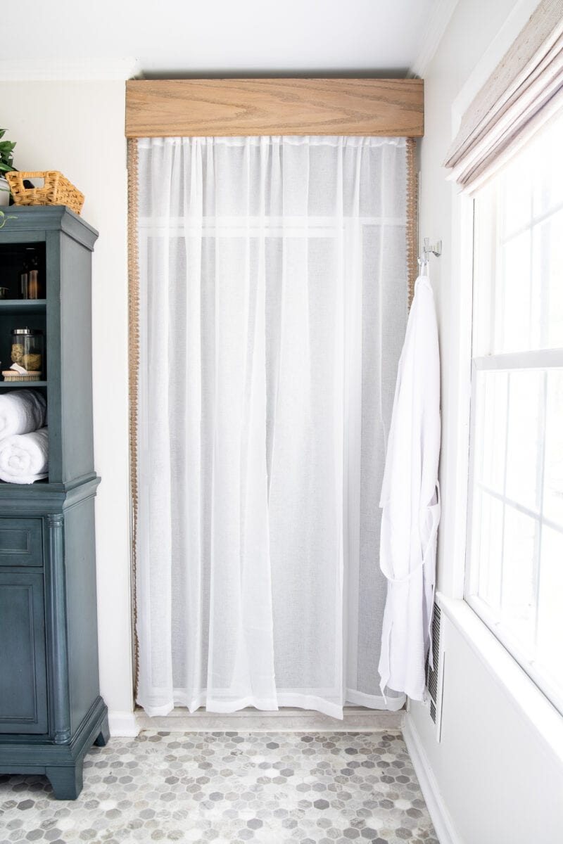 bathroom makeover with hexagon sheet vinyl floor