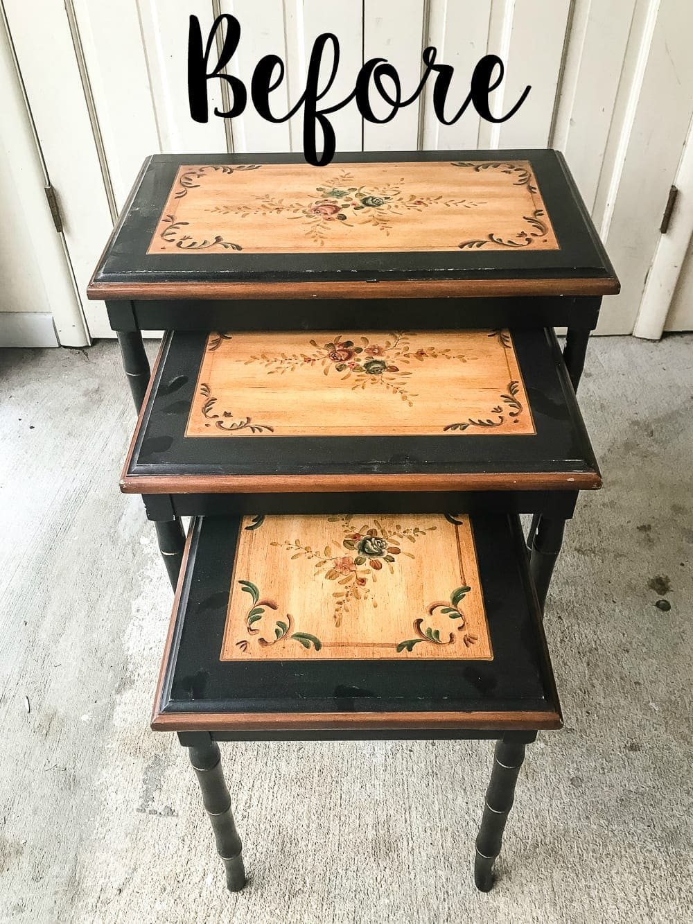 Faux Bone Inlay Nesting Tables Makeover | unigumushane.com - How to stencil furniture to look like an Indian bone inlay Anthropologie piece plus more thrift store furniture makeover ideas. #furnituremakeover #knockoff #thrift #stencil