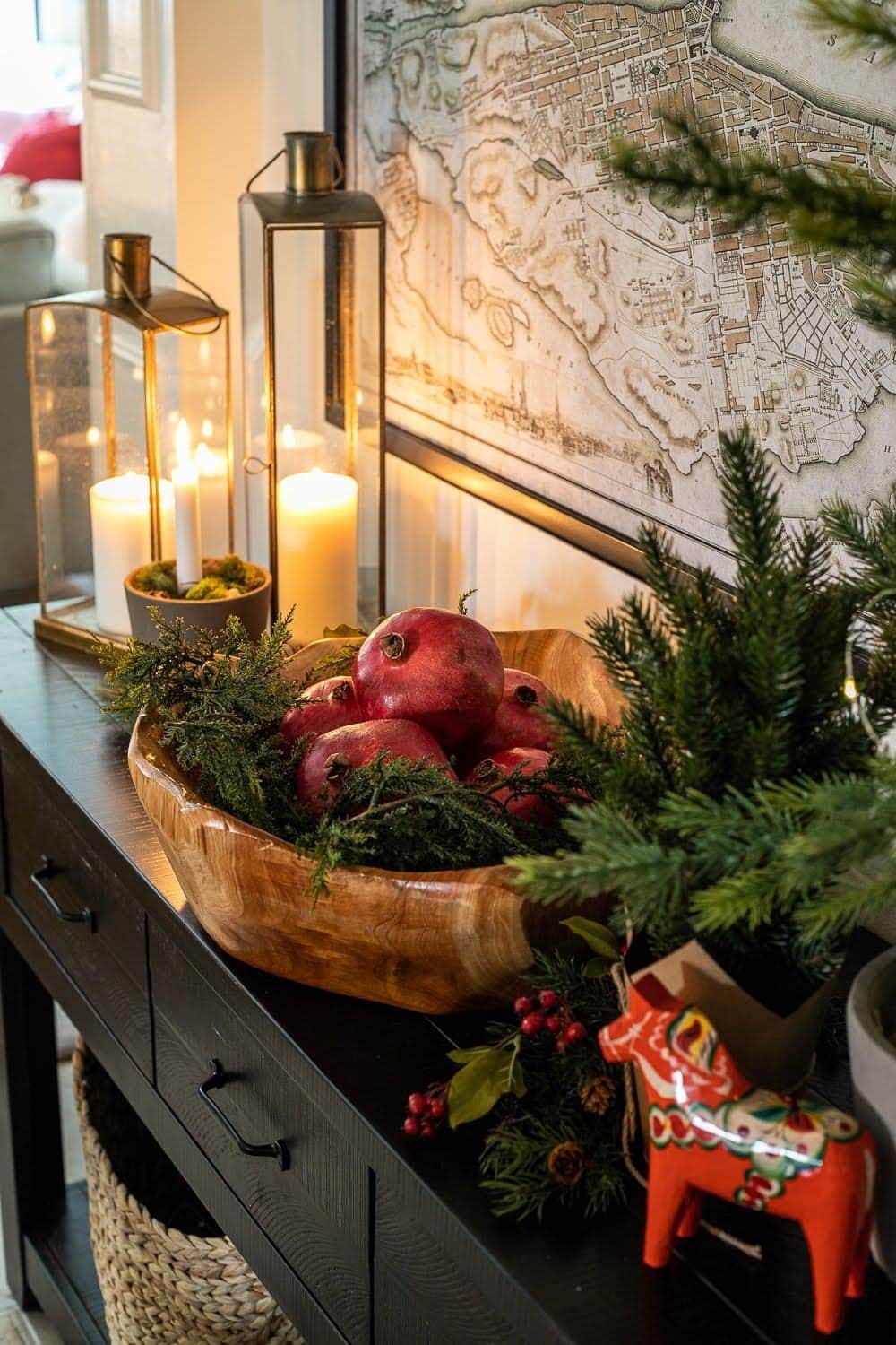 bowl of pomegranates for nature christmas decor idea