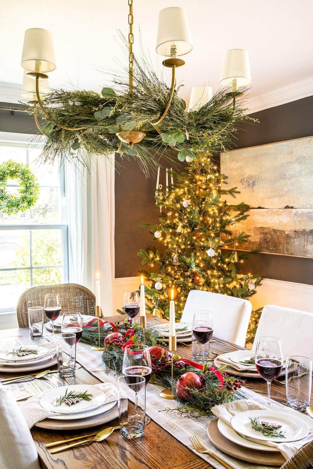Christmas decor ideas | garland hung from a chandelier