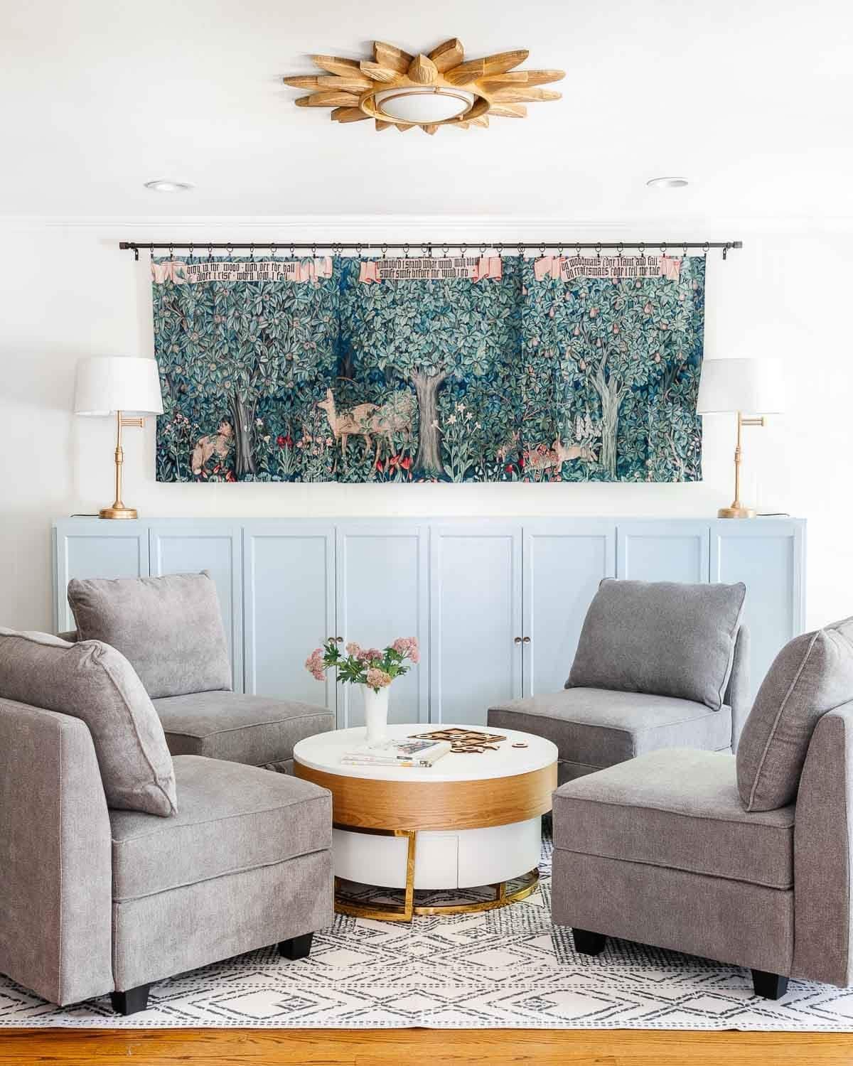 geometric neutral washable rug in a playroom