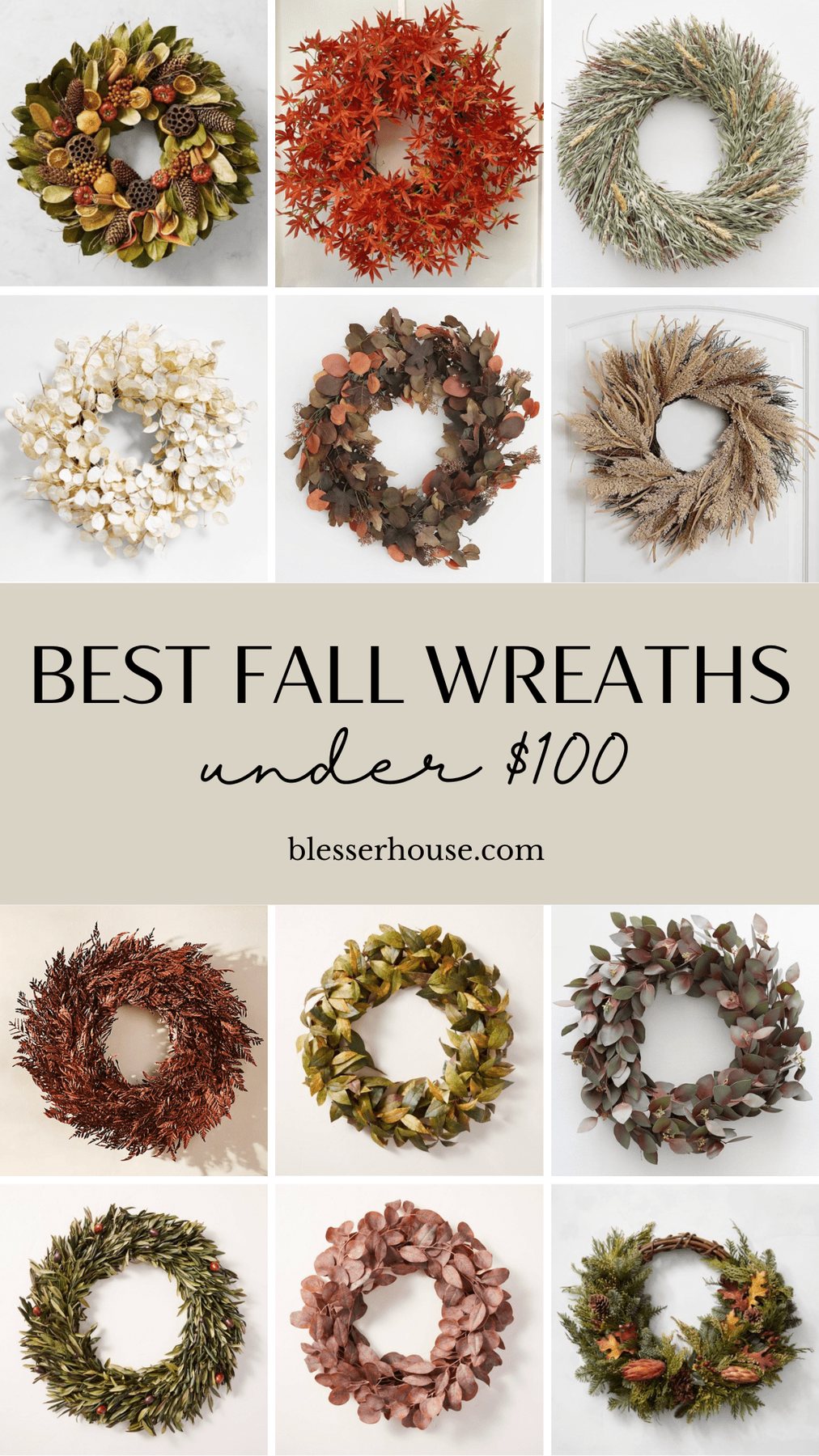 A round up of 20 favorite designer look live, dried, and artificial fall wreaths for front doors under $100.