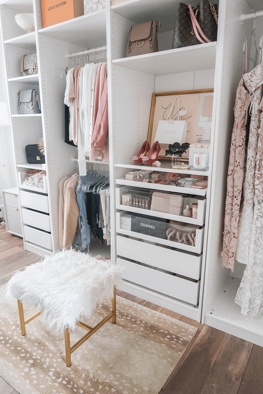IKEA PAX Closet with clear drawer fronts and dividers for accessories