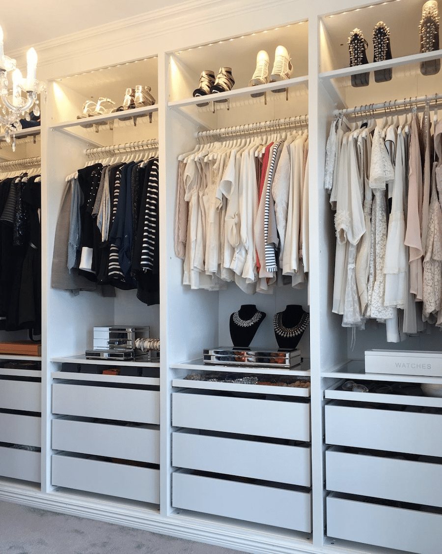 built in IKEA closet system with clear shelves for shoes