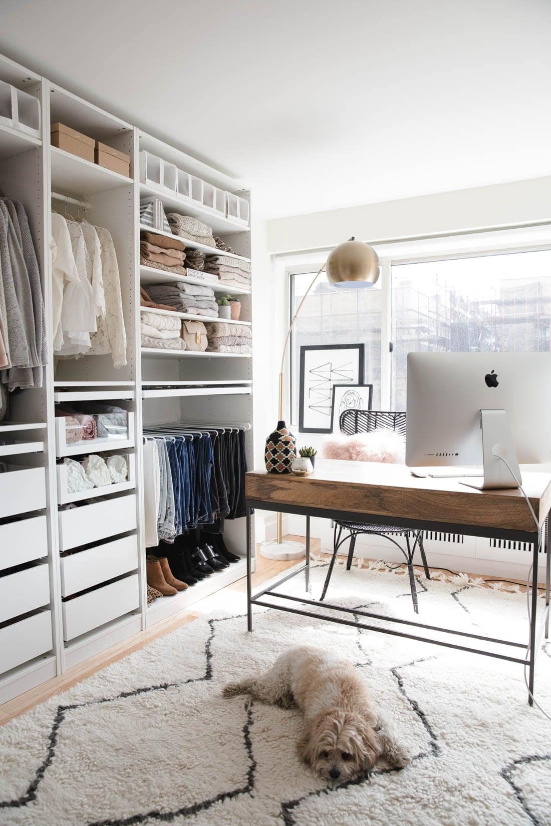 neutral IKEA PAX Closet with shag rug and office desk
