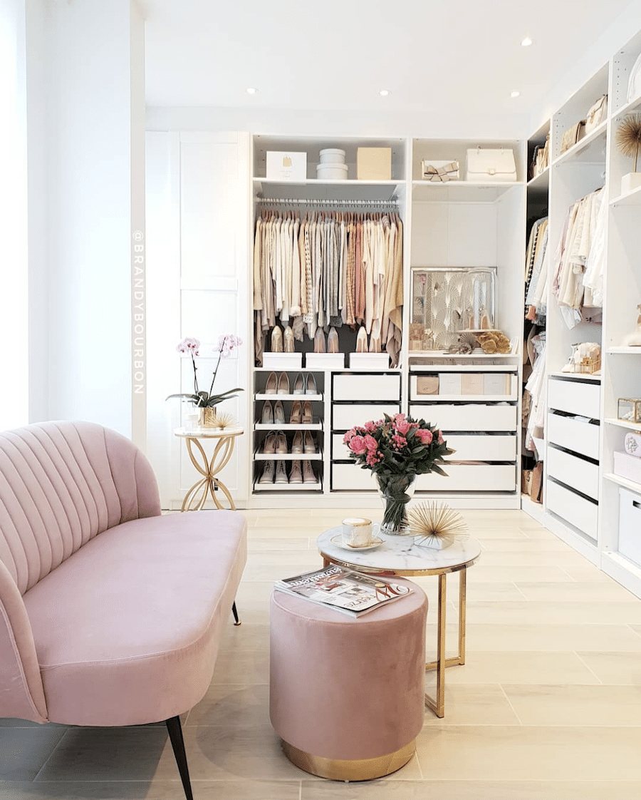 pink sofa in an IKEA custom closet