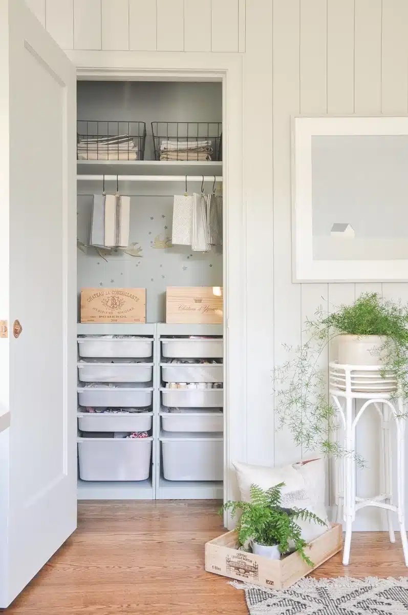 IKEA closet in a home office for craft supply storage