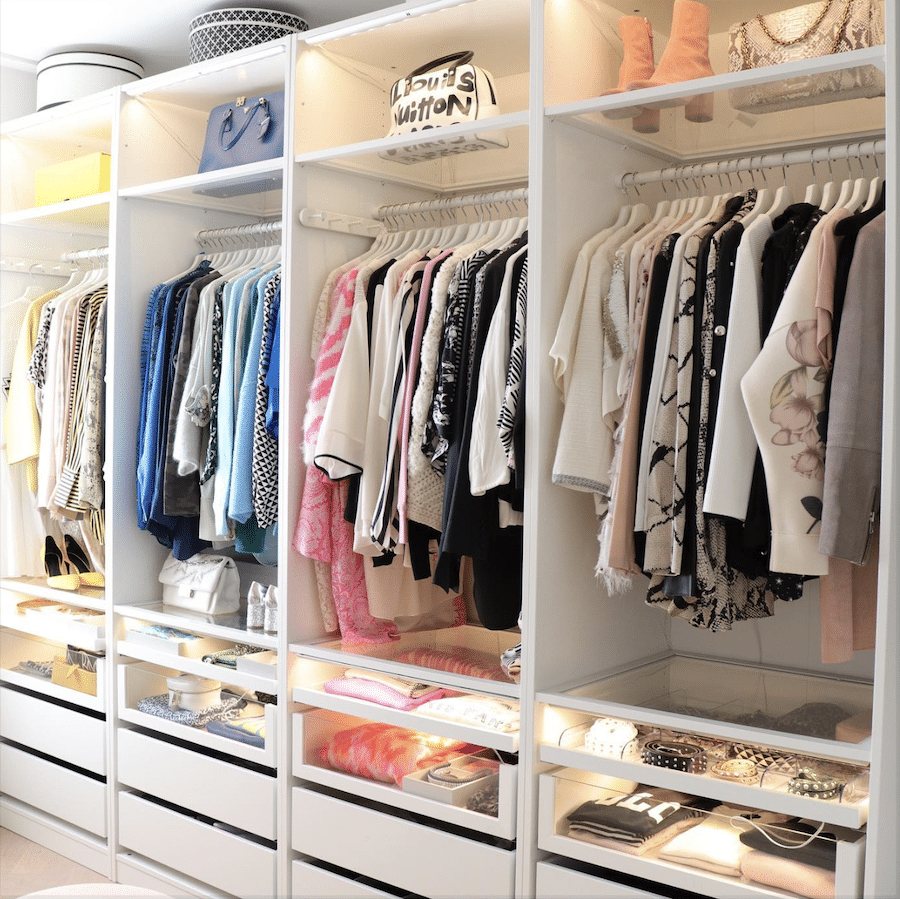 IKEA PAX closet shelving and drawers with motion sensor lights