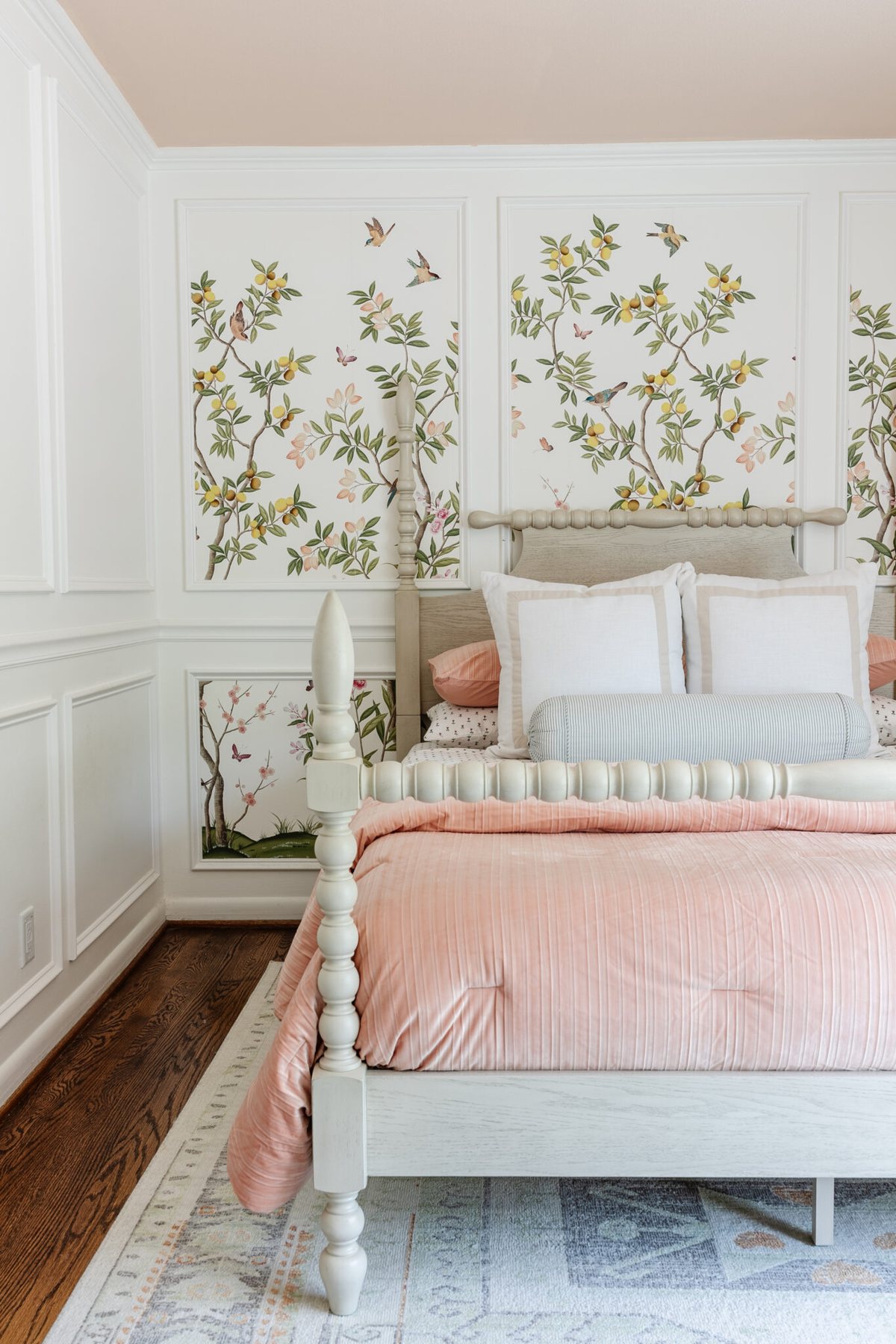 spindle vintage style wood bed pink bedding and cottagecore decor