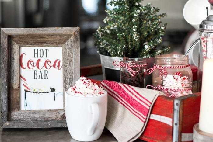 old soda crate repurposed as a hot cocoa station