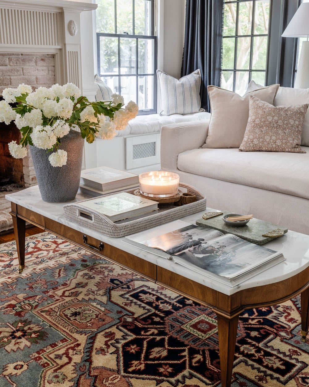 timeless marble coffee table with pottery barn sofa