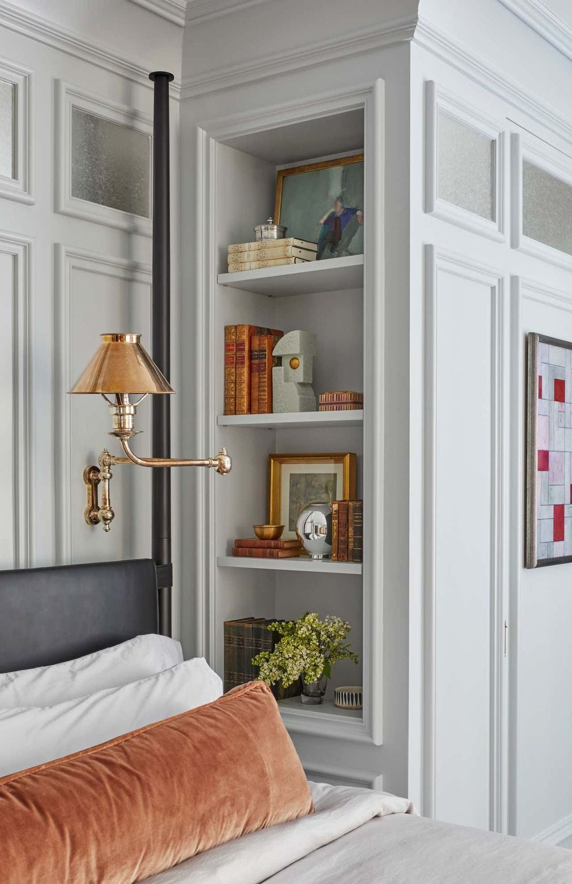recessed shelves beside bed for nightstand between studs