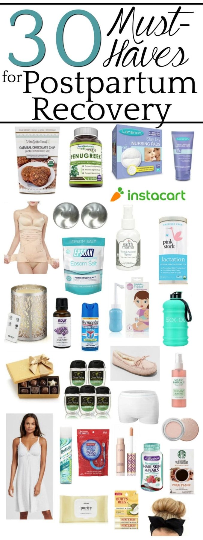 A shopping list gift guide for postpartum recovery to help with lactation, pain relief, hormonal side effects, stress-relief, and self-care to help mom quickly feel like her pretty self again.