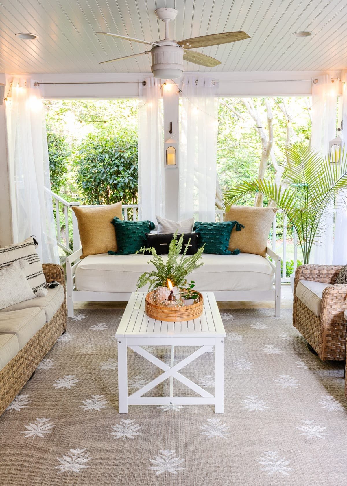 DIY floral block rug outside on a back porch