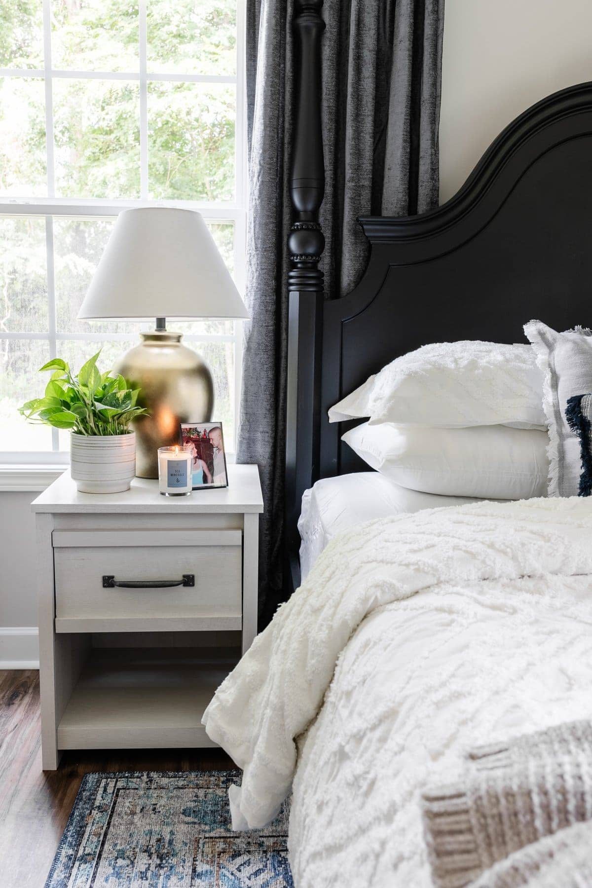 bedside table with bedroom houseplant