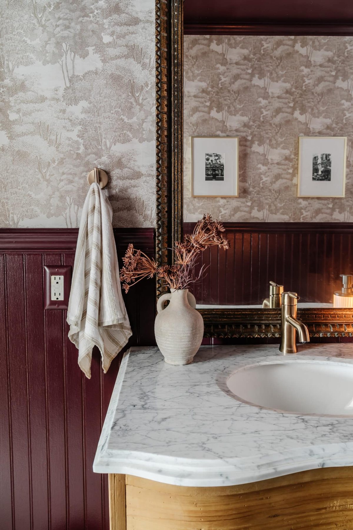 toile wallpaper in a powder room