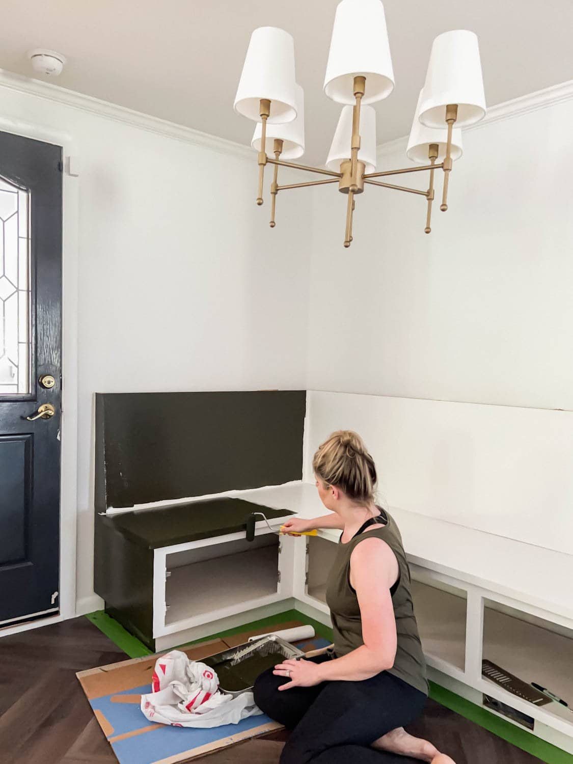 painting a banquette bench olive green for a breakfast nook