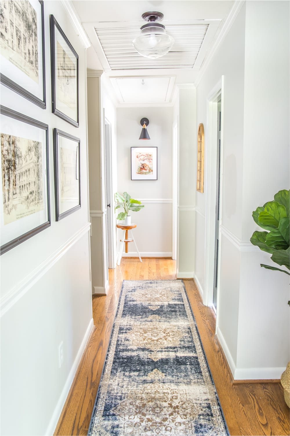 hallway decor ideas - light gray painted walls in narrow hallway with runner, wall decor, and plants
