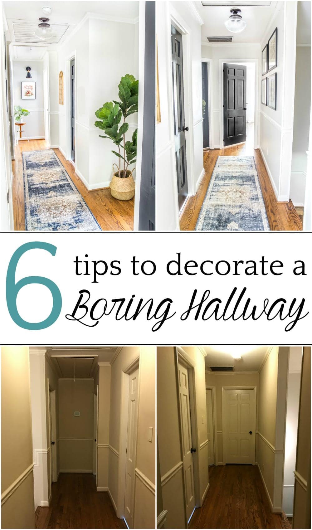 6 Hallway Decor Ideas | DIY and decorating ideas to add interest to a boring window-less hallway + thrifting project tutorials and free printables to pull it off inexpensively.