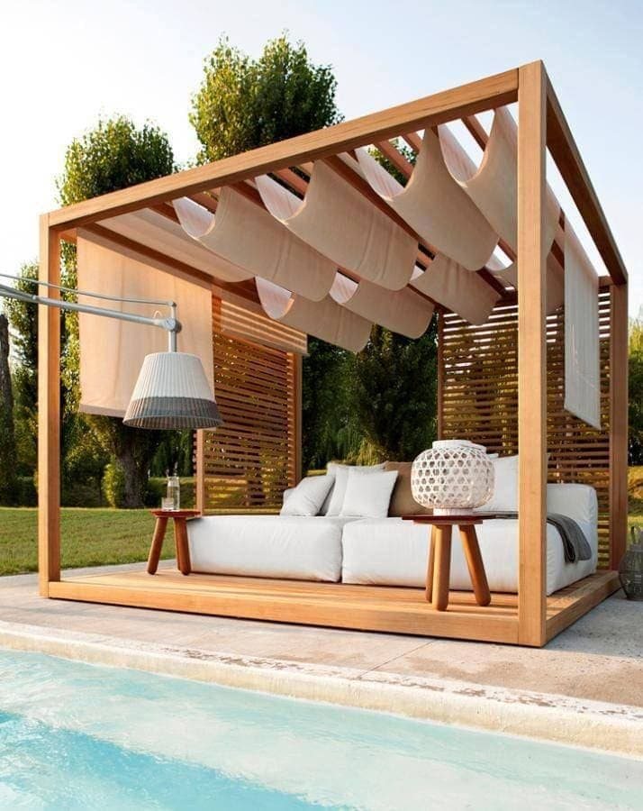 pool cabana with wood slat wall and white cover