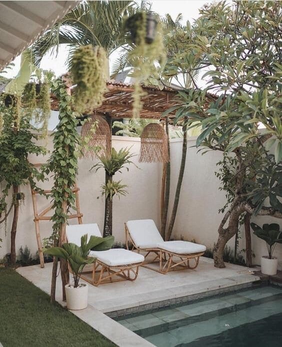 boho pool cabana with rattan and bamboo