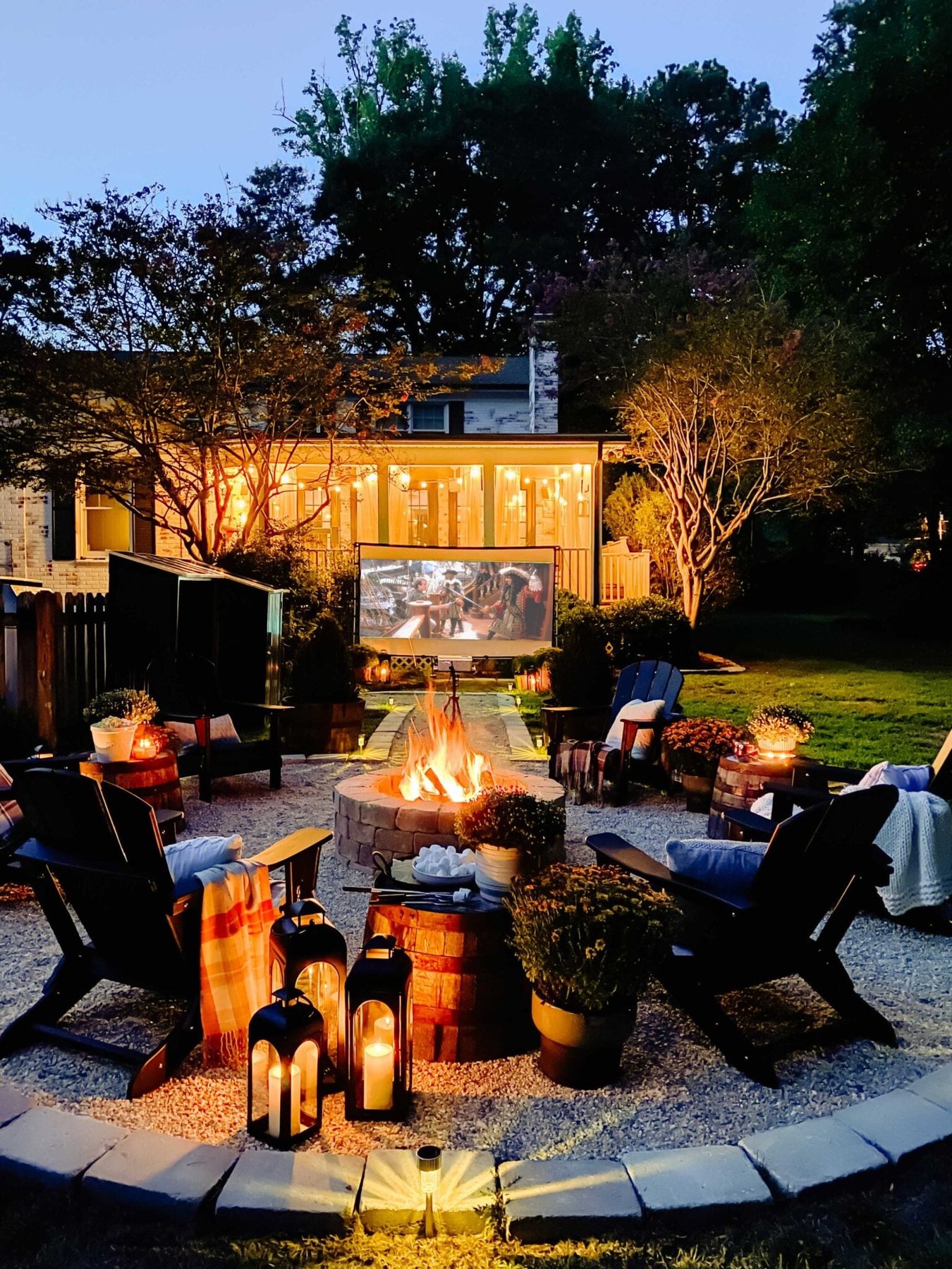backyard movie night around a fire pit