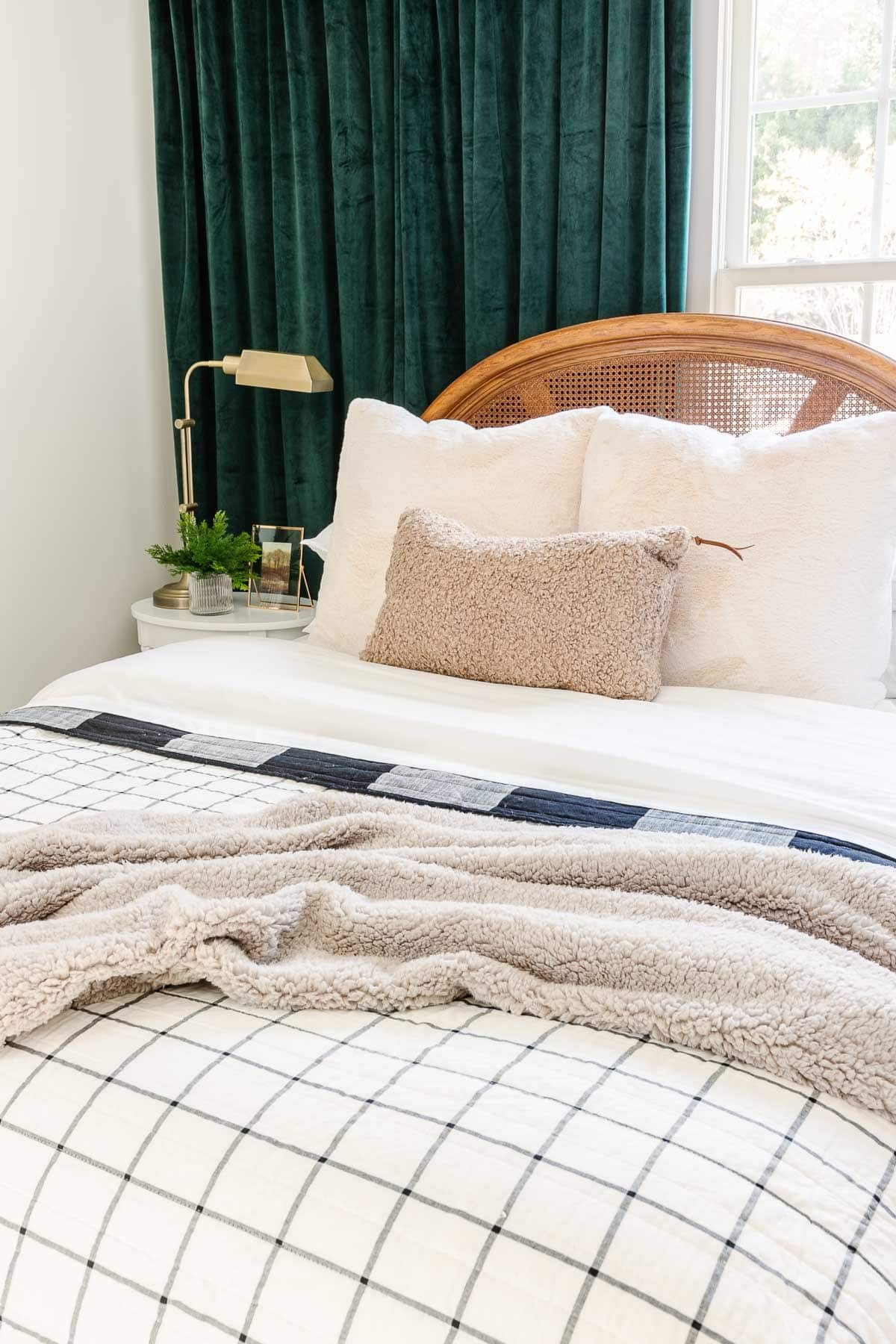 cozy Christmas bedding with windowpane quilt and sherpa pillows