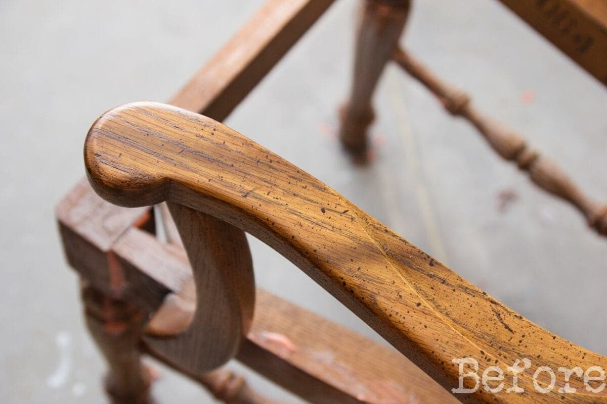 Before using denatured alcohol to strip wood stain on this chair.
