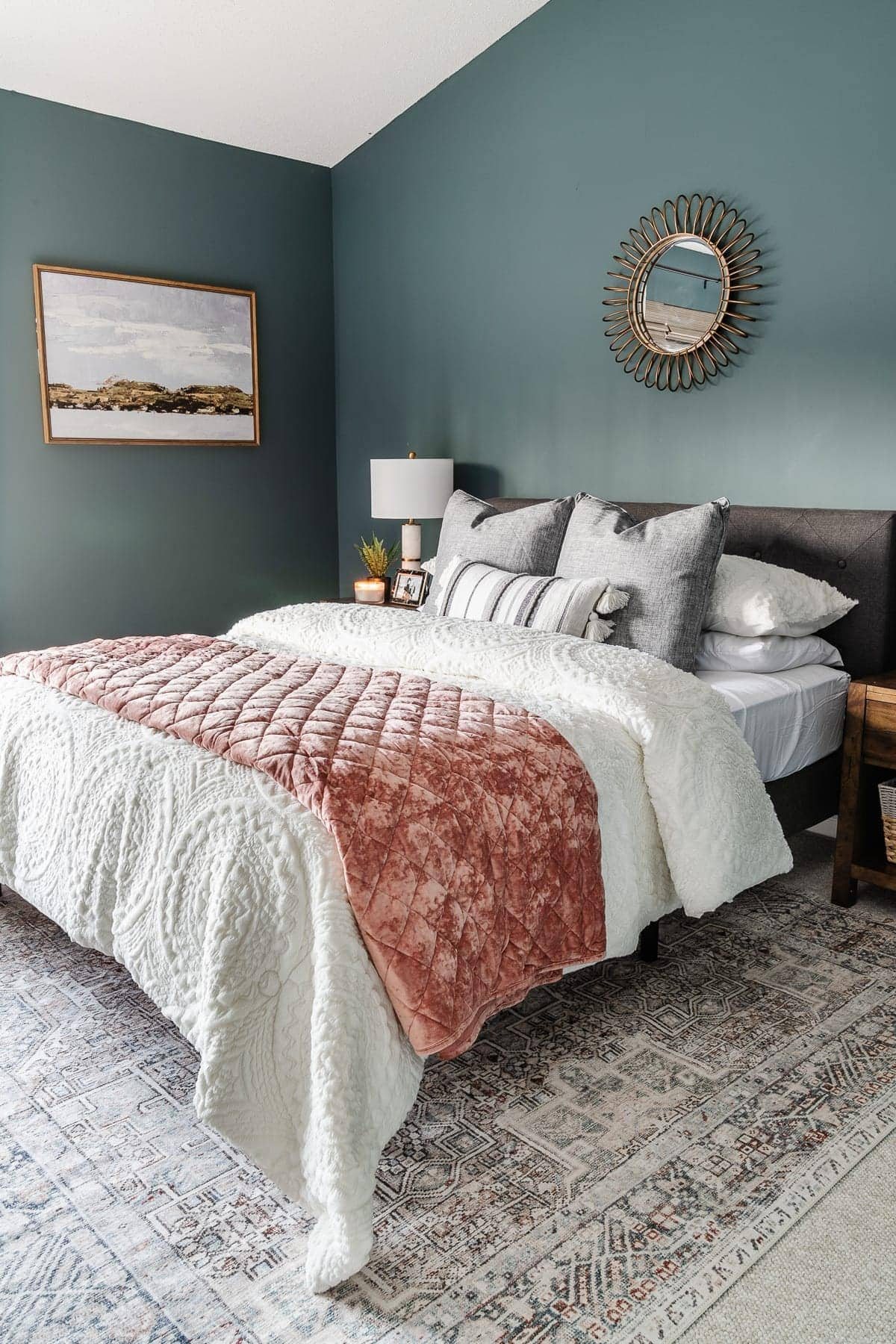 teal and blush bedroom