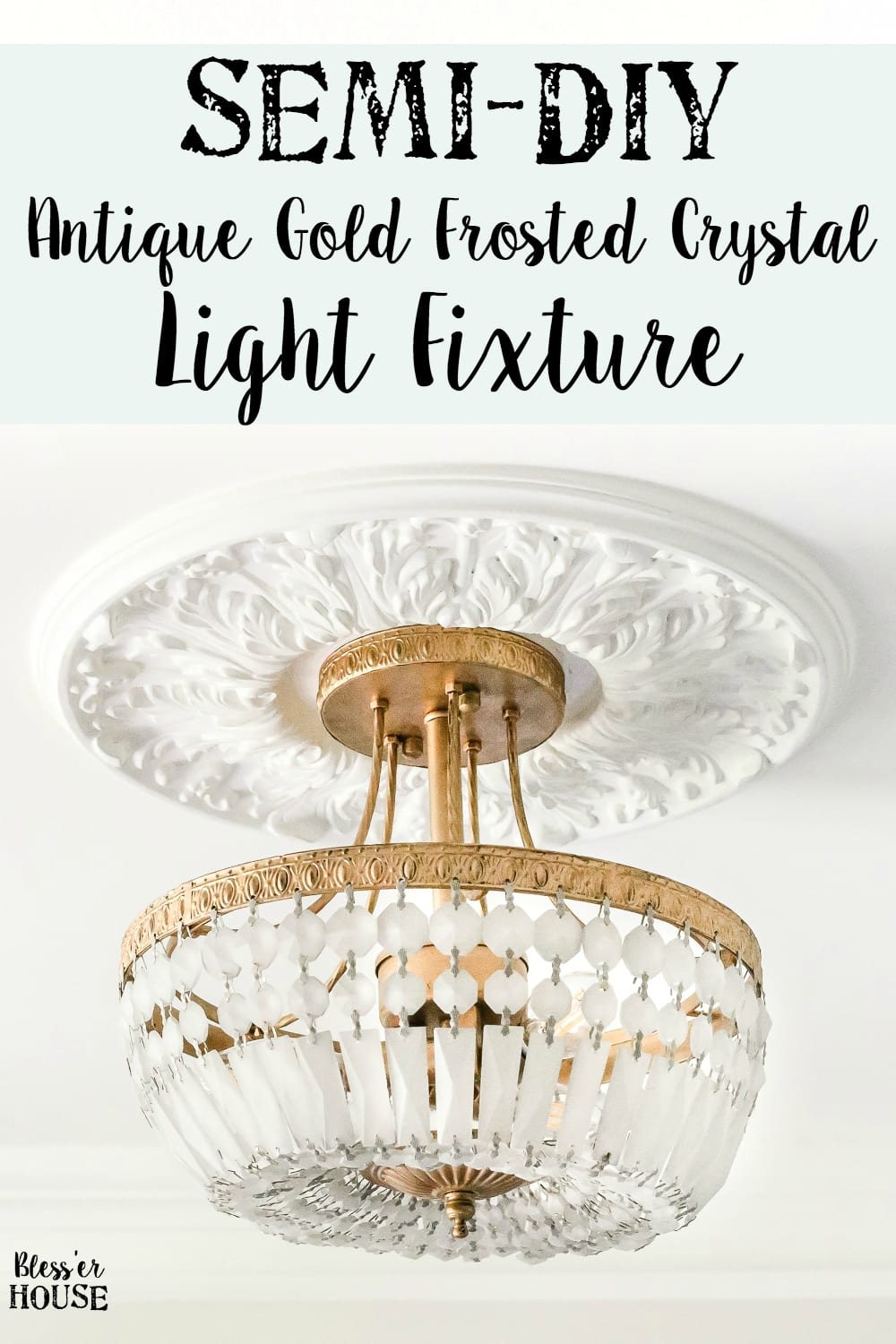 Semi-DIY Antique Gold Frosted Crystal Light Fixture | unigumushane.com - A quick and simple tutorial for how to makeover a light fixture for an antique gold frosted crystal effect with a high-end designer look at half the price.