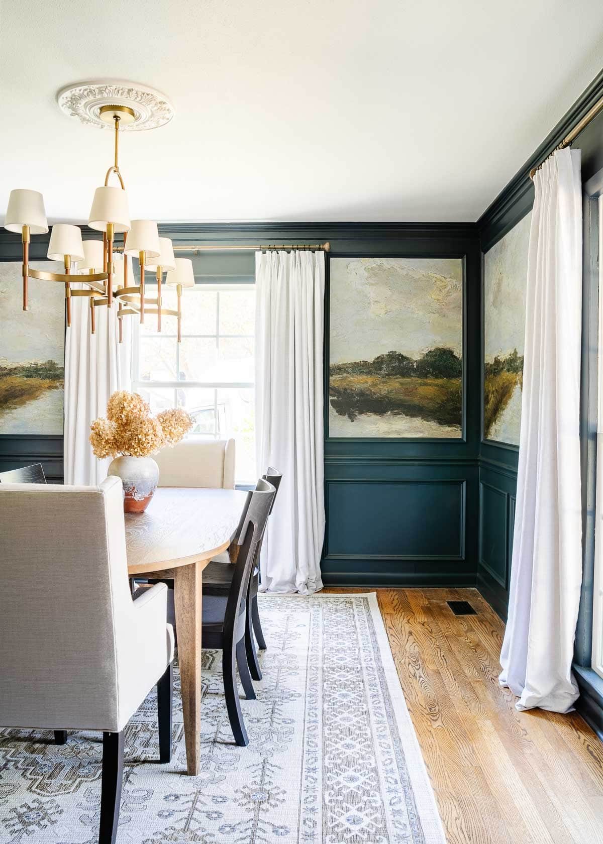 navy blue dining room with antique painting peel and stick mural wallpaper