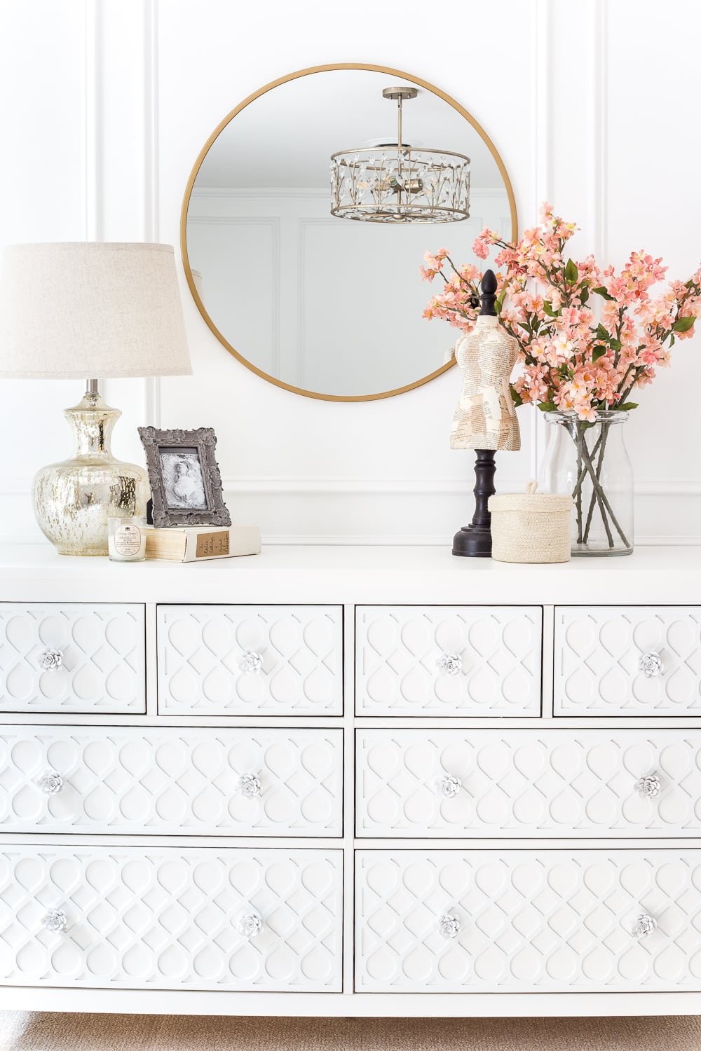 How to get a high-end carved detail look for less on a plain IKEA Hemnes dresser using appliques.