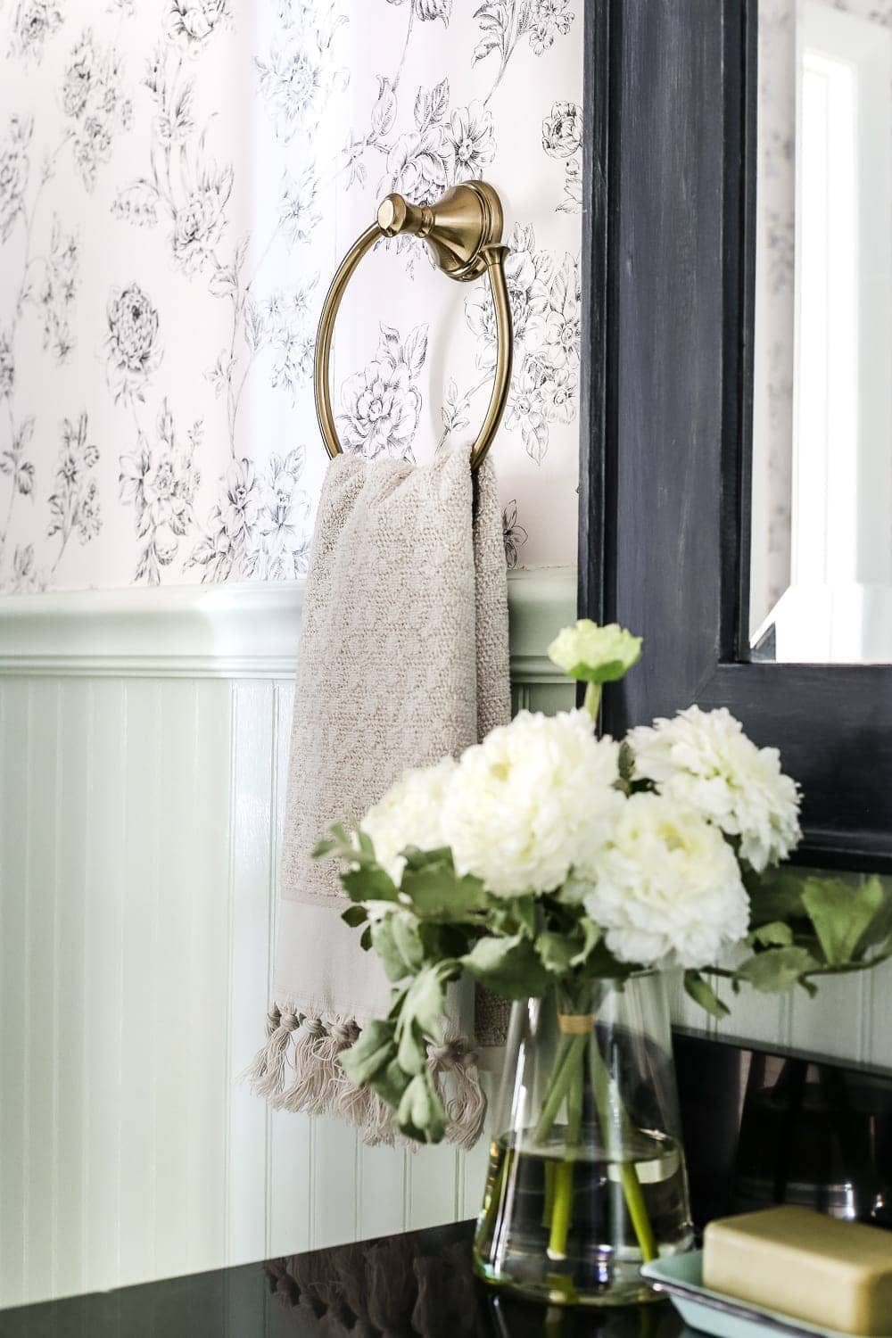 Aqua Meets Urban Powder Room Reveal | unigumushane.com - A dated powder room gets a modern meets traditional, urban meets farmhouse makeover with aquas, black and white, and antique brass.